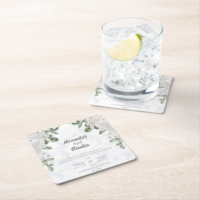 Green Elgant Flower Wedding  Square Paper Coaster (Insitu)