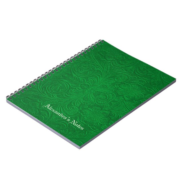 Green Embossed Flowers Suede Leather Look Notebook (Left Side)