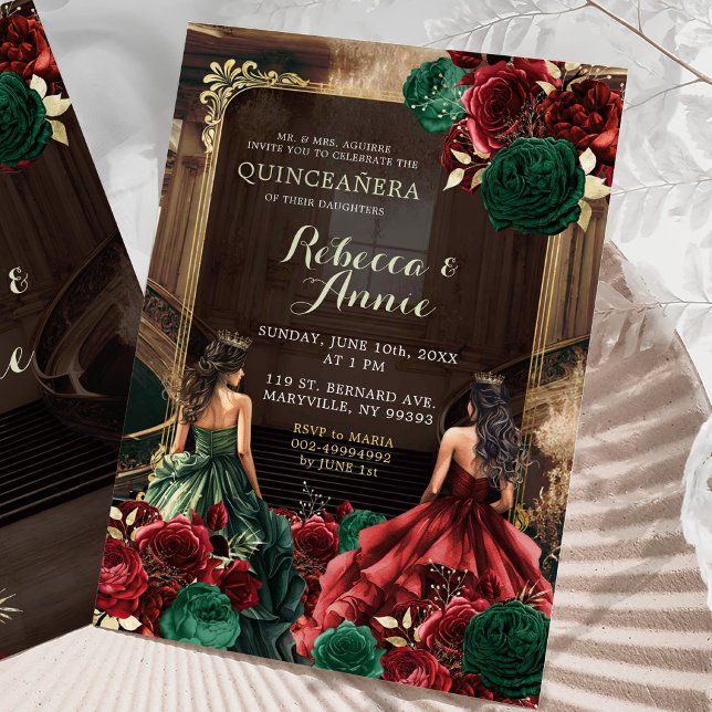 Green Emerald and Burgundy Red Floral Quinceañera Invitation (Creator Uploaded)