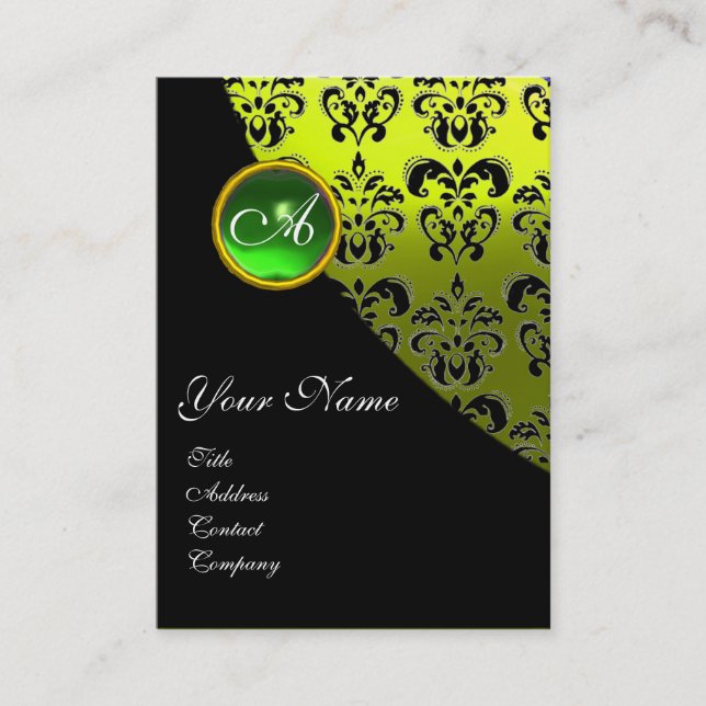 GREEN EMERALD BLACK DAMASK MONOGRAM ,yellow Business Card (Front)