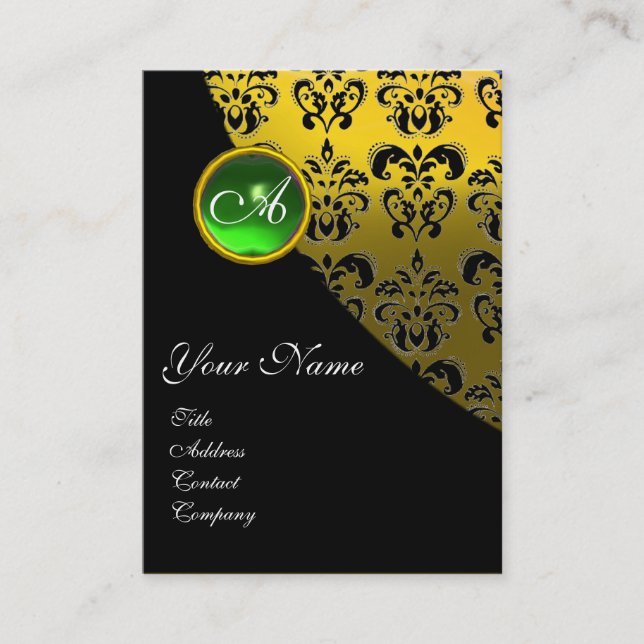 GREEN EMERALD BLACK DAMASK MONOGRAM ,yellow Business Card (Front)
