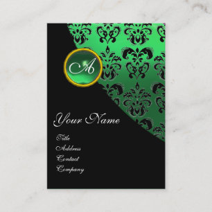 GREEN EMERALD DAMASK MONOGRAM BUSINESS CARD