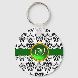 GREEN EMERALD DAMASK MONOGRAM, KEY RING