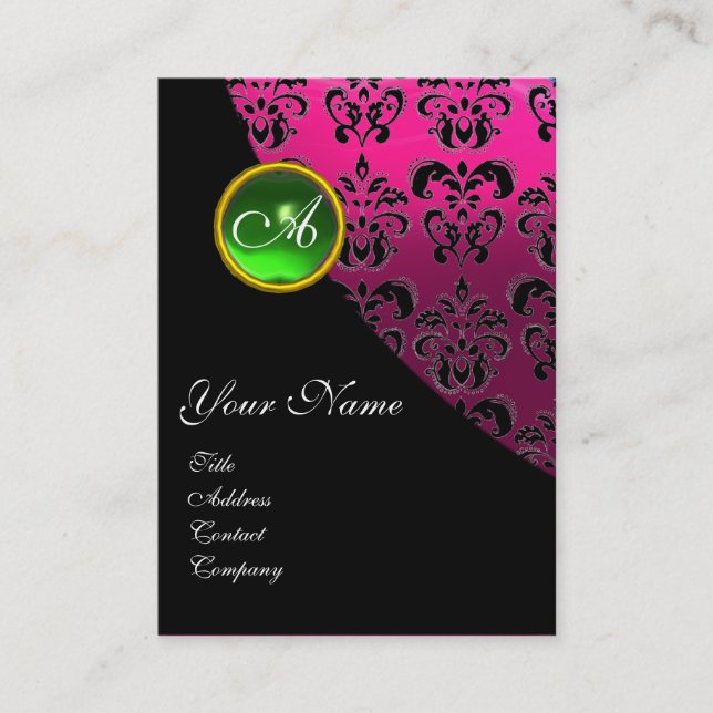 GREEN EMERALD DAMASK MONOGRAM ,pink fuchsia Business Card (Front)