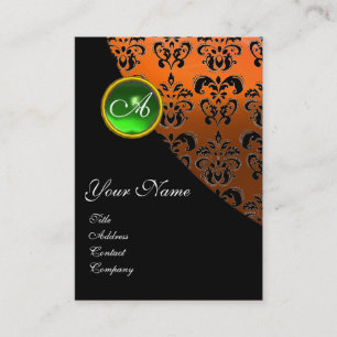 GREEN EMERALD DAMASK MONOGRAM ,yellow orange Business Card