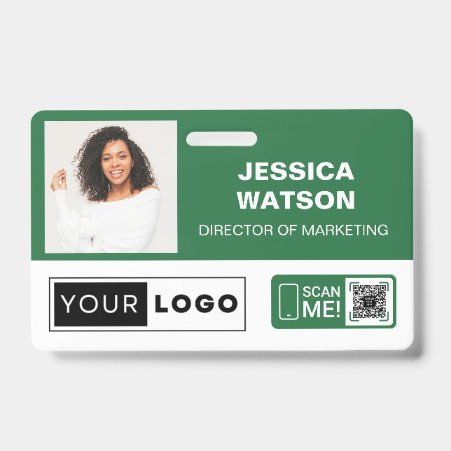 Green Employee Name Badge with Logo and QR Code ID Badge (Front)