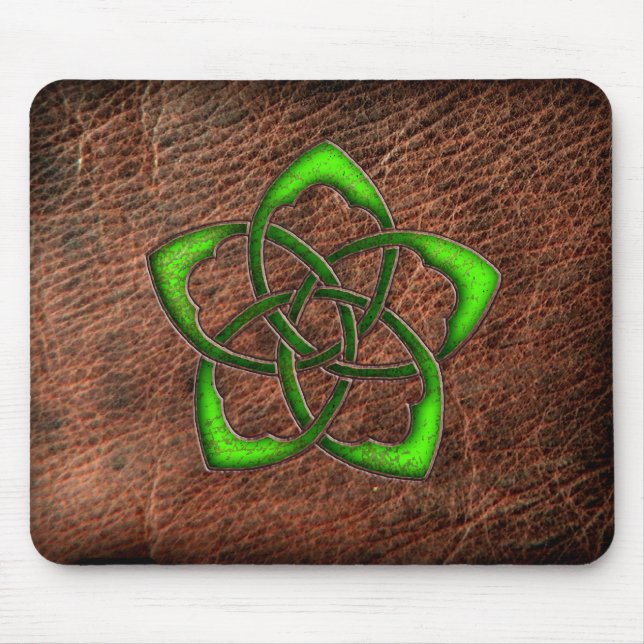 Green enameled celtic flower on leather mouse pad (Front)
