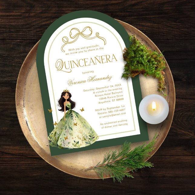 Green Enchanted Forest 15th Quinceanera Birthday Invitation (Front view)