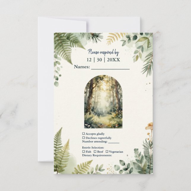 green Enchanted Forest Watercolor boho Wedding RSVP Card (Front)