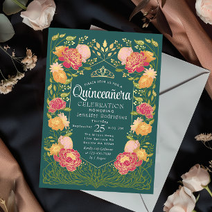 Green Enchanted Garden Floral Quinceanera  Invitation