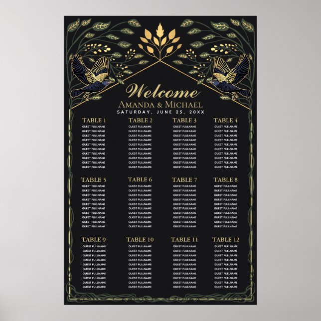 Green Enchanted Gothic Raven Wedding Seating Chart (Front)