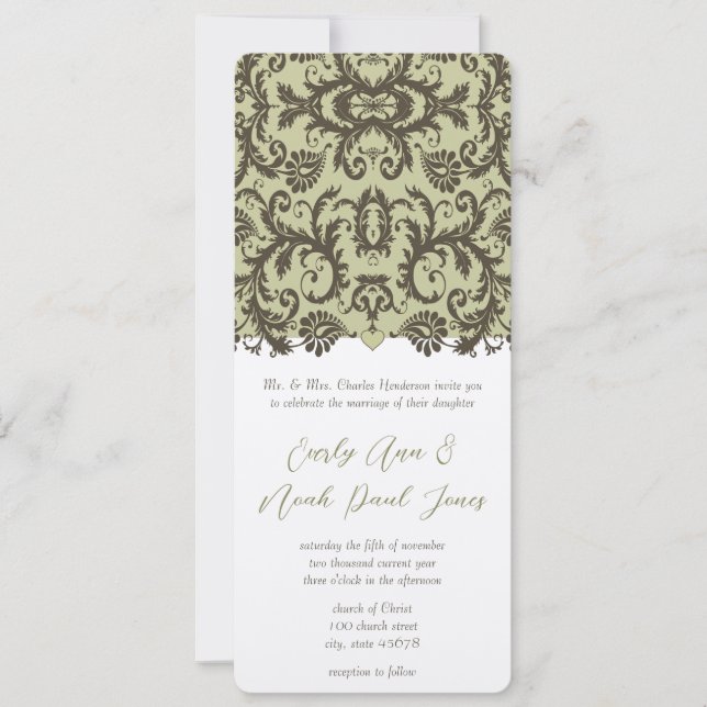 Green Enchantment Damask Wedding Invitation (Front)