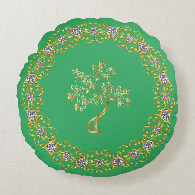 Green enchantment on Golden Tree Pattern  Round Cushion (Front)