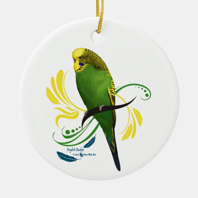 Green English Budgie Ceramic Tree Decoration (Front)