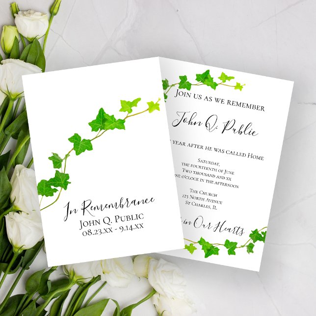 Green English Ivy Vine Foliage Death Anniversary  Invitation (Creator Uploaded)
