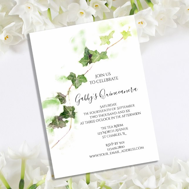 Green English Ivy Vine Watercolor Quinceanera  Invitation (Creator Uploaded)