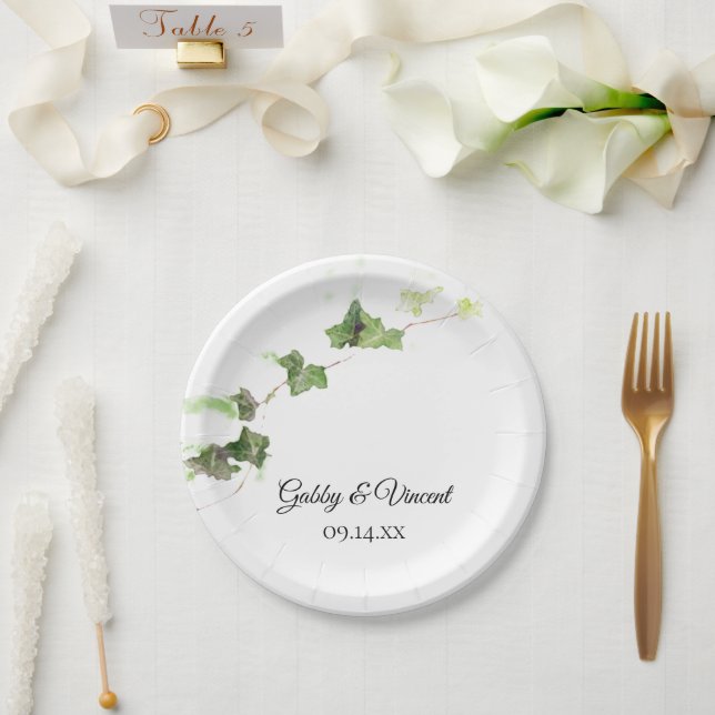 Green English Ivy Vine Watercolor Wedding Paper Plate (Wedding)