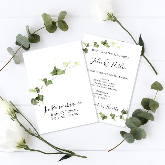Green English Ivy Watercolor Death Anniversary  Invitation (Creator Uploaded)