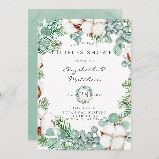Green Eucalyptus and Cotton Couples Shower Invitation (Front/Back)