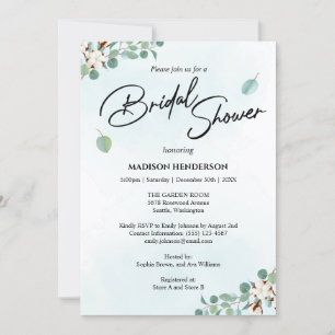 Green Eucalyptus and Cotton Flowers Bridal Shower Invitation