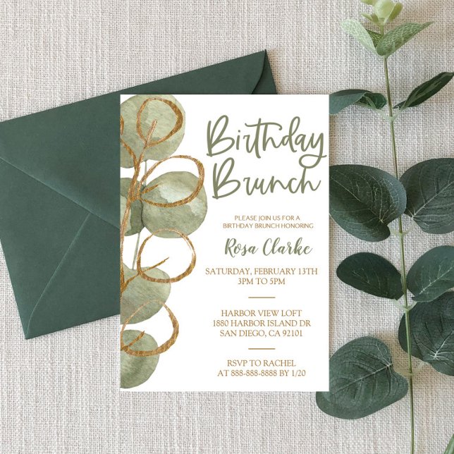 Green Eucalyptus and Gold Foil Birthday Brunch Invitation (Creator Uploaded)