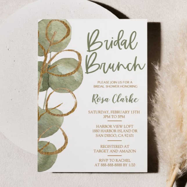 Green Eucalyptus and Gold Foil Bridal Brunch Invitation (Creator Uploaded)