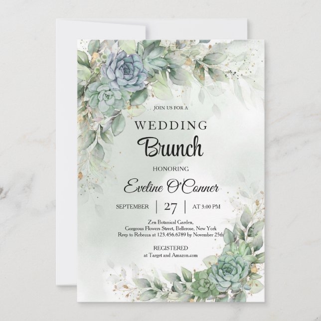 Green eucalyptus and succulents wedding brunch invitation (Front)
