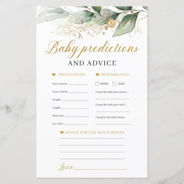 Green Eucalyptus baby predictions and advice game (Front)