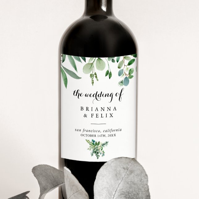 Green Eucalyptus Botanical Calligraphy Wedding Wine Label (Creator Uploaded)