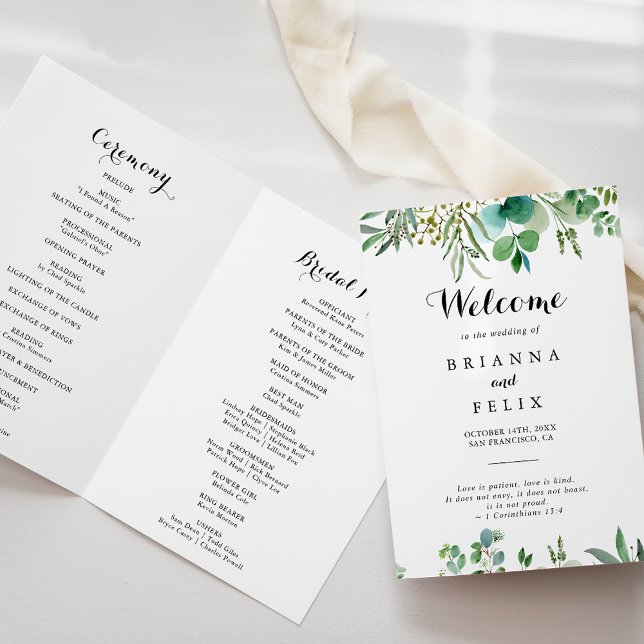 Green Eucalyptus Botanical foliage Folded Wedding Programme (Creator Uploaded)