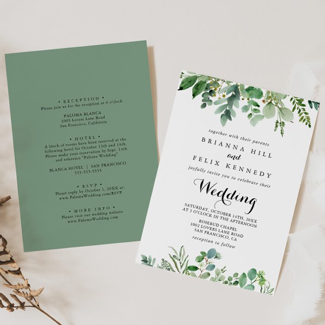 Green Eucalyptus Botanical Front & Back Wedding Invitation (Creator Uploaded)