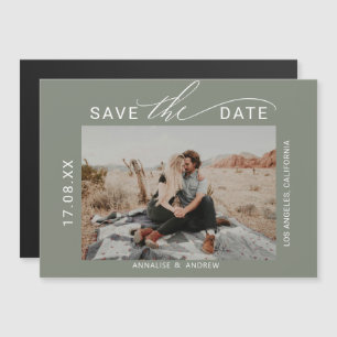 Green eucalyptus brush script photo save the date