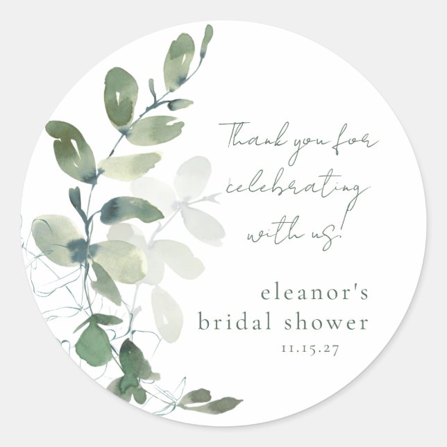 Green Eucalyptus Custom Bridal Shower Thank You Classic Round Sticker (Front)