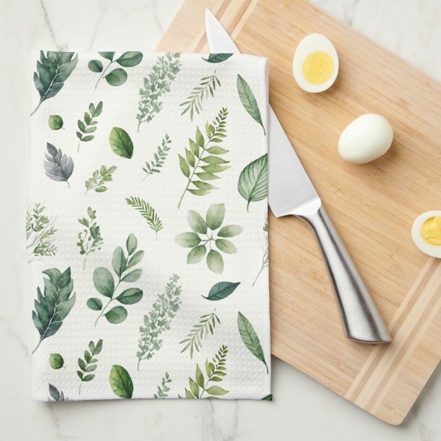 Green Eucalyptus Fern Botanical Watercolor Tea Towel (Quarter Fold)