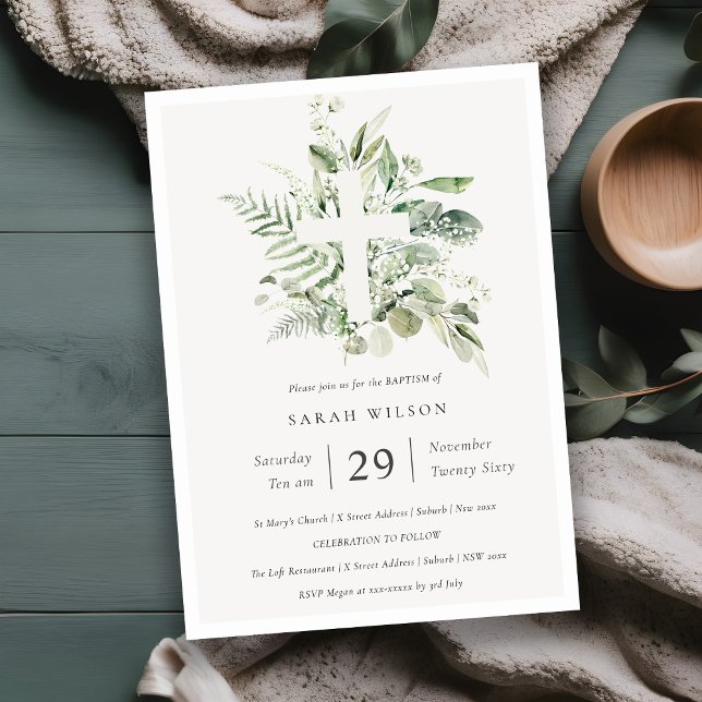 Green Eucalyptus Fern Foliage Cross Baptism Invite (Creator Uploaded)