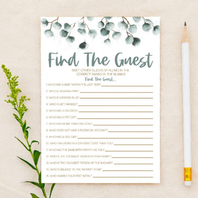 Green Eucalyptus Find The Guest Baby Shower Game Stationery (Creator Uploaded)