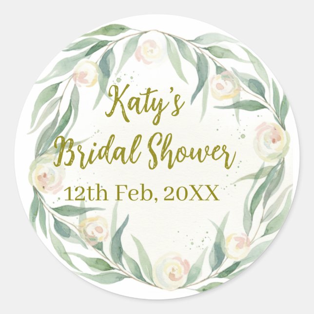 Green eucalyptus floral bridal shower name date go classic round sticker (Front)