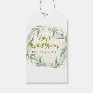 Green eucalyptus floral bridal shower name date go gift tags