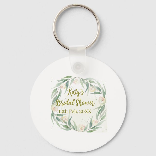 Green eucalyptus floral bridal shower name date go key ring (Front)