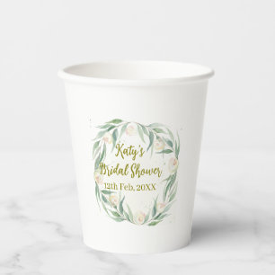 Green eucalyptus floral bridal shower name date go paper cups