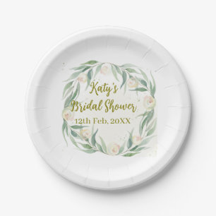 Green eucalyptus floral bridal shower name date go paper plate