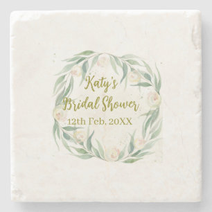 Green eucalyptus floral bridal shower name date go stone coaster