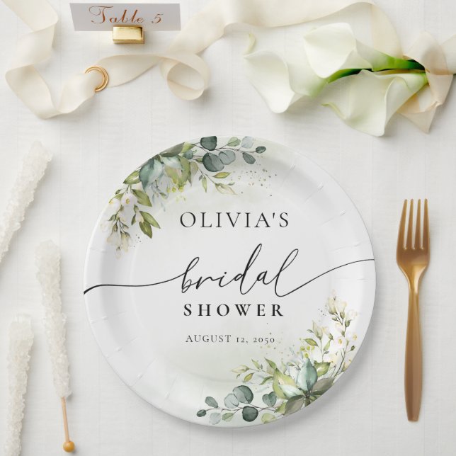 Green Eucalyptus Floral Bridal Shower  Paper Plate (Wedding)