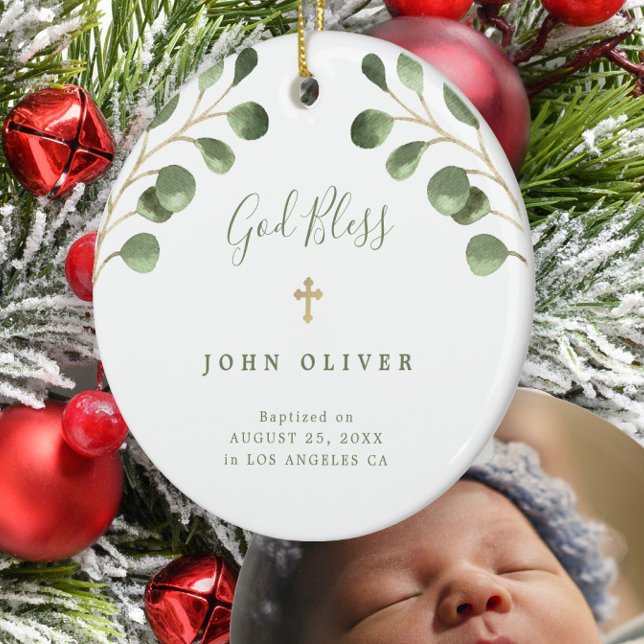 Green eucalyptus foliage baby baptism photo  ceramic tree decoration (Creator Uploaded)