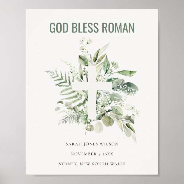 Green Eucalyptus Foliage Cross God Bless Roman Poster (Front)