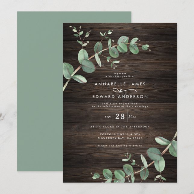 green eucalyptus foliage dark wood rustic elegant invitation (Front/Back)
