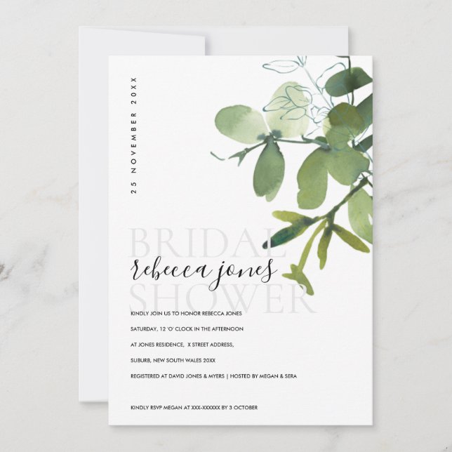 GREEN EUCALYPTUS FOLIAGE WATERCOLOR BRIDAL SHOWER ANNOUNCEMENT (Front)