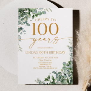 Green Eucalyptus Gold 100th Birthday Party Invitation