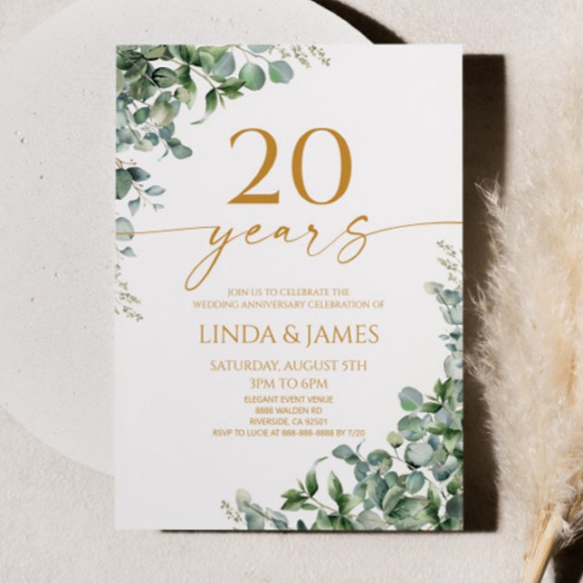 Green Eucalyptus Gold 20th Wedding Anniversary Invitation (Creator Uploaded)