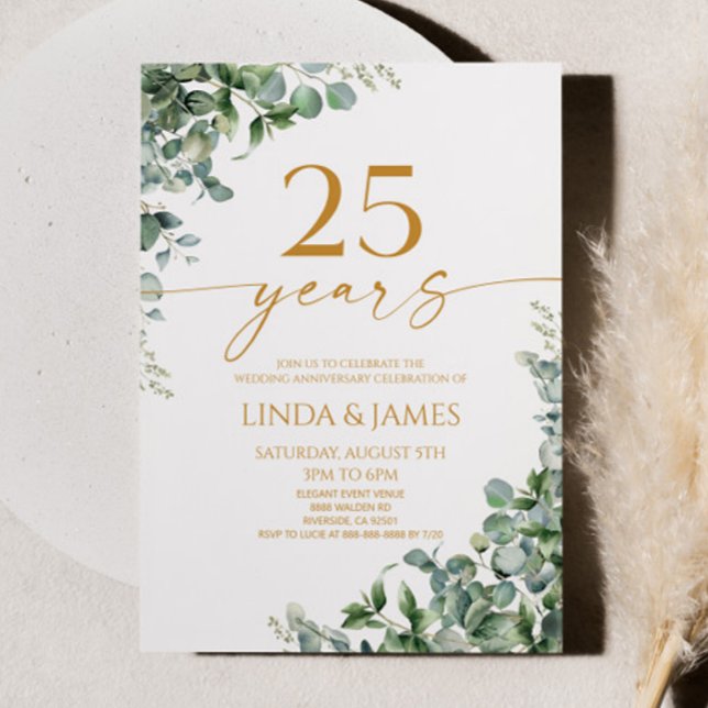 Green Eucalyptus Gold 25th Wedding Anniversary Invitation (Creator Uploaded)